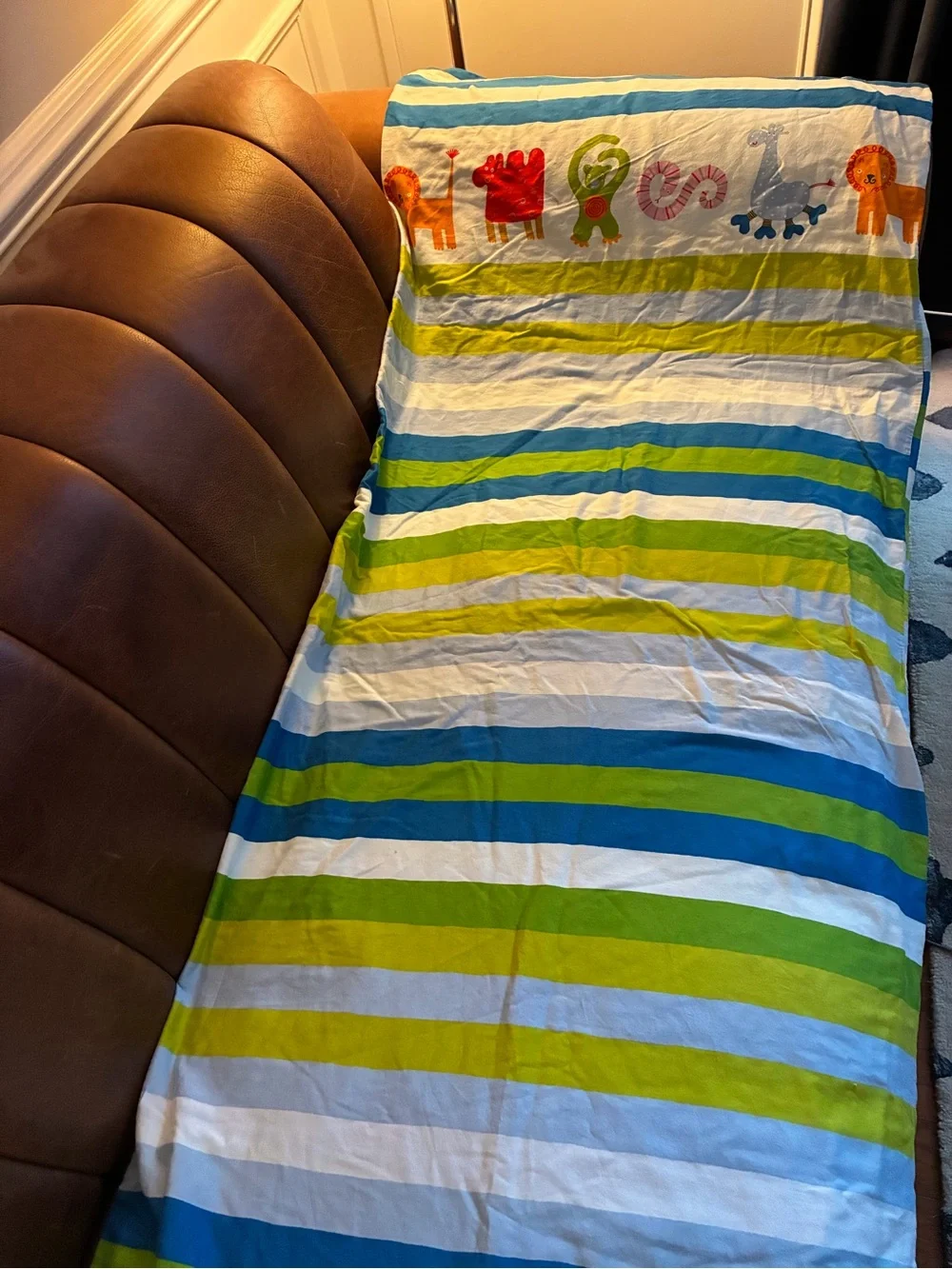 Striped Kids Bedding Duvet Cover with Colorful Animal Accents - Blue & Green
